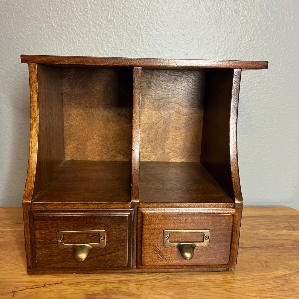 Vintage‎ 2 Drawer Desktop Organizer w/ File Drawers Wooden Library Rustic 10.25